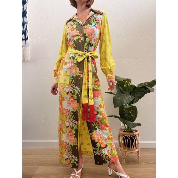 Vintage 1960's Floral Fringe Tie Button Up Cardi Dress - Picture 5 of 10